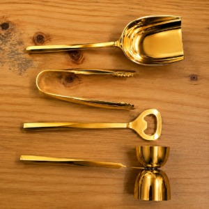 Premium Gold Bar Tool Set | Stainless Steel Ice Scoop, Ice Tong, Bottle Opener & Double Jigger