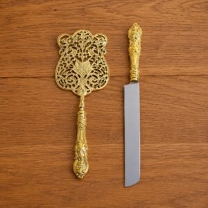 Gold Cake Server Set, Ornate Stainless Steel Cake Knife & Server for Weddings, Parties & Events